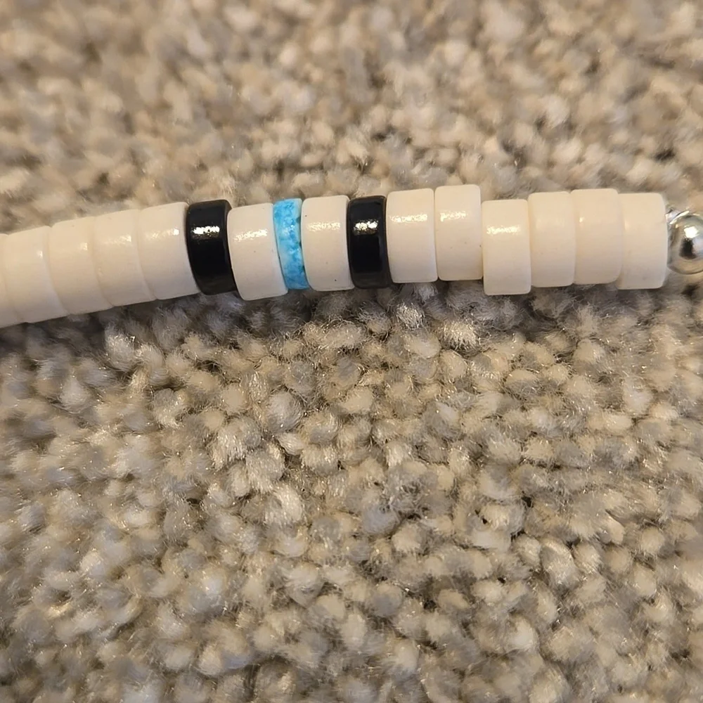 Puka Beaded Necklace in White, Black Blue - Picture 2 of 3